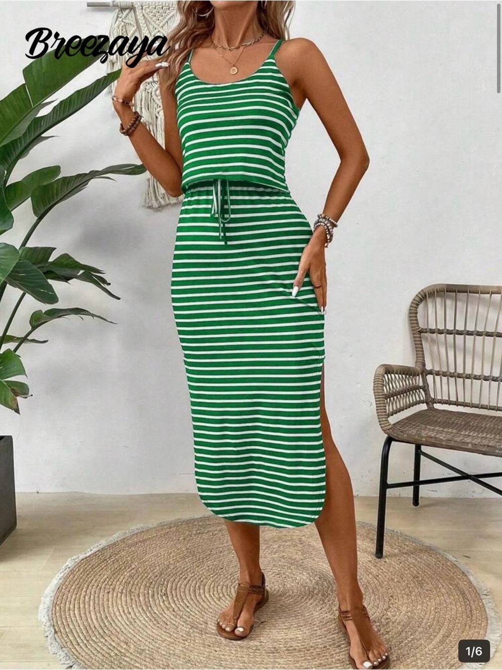 SHEIN Green and White Striped Maxi Dress